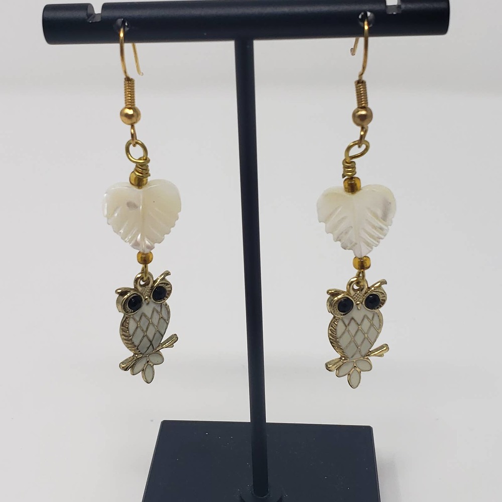 Enamel Owl Mother of Pearl Heart Dangle Earrings